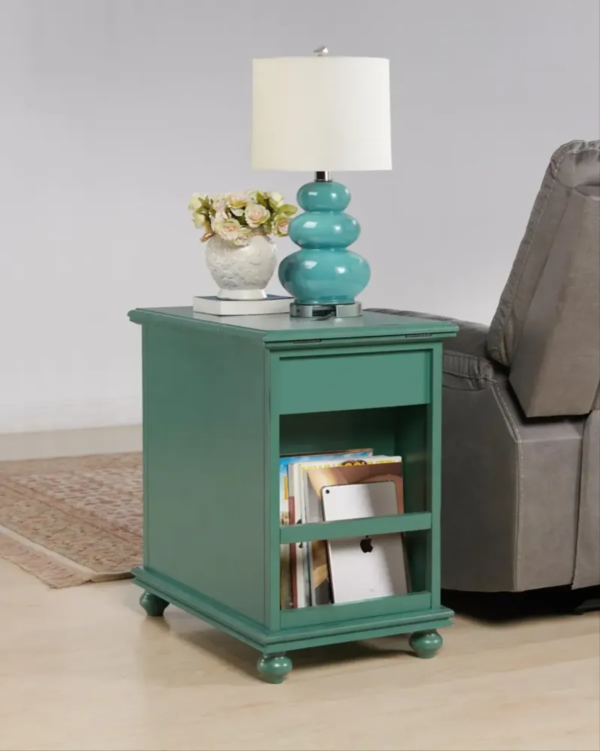 Martin Svensson Elegant Chairside Accent Table with Power in Antique Teal