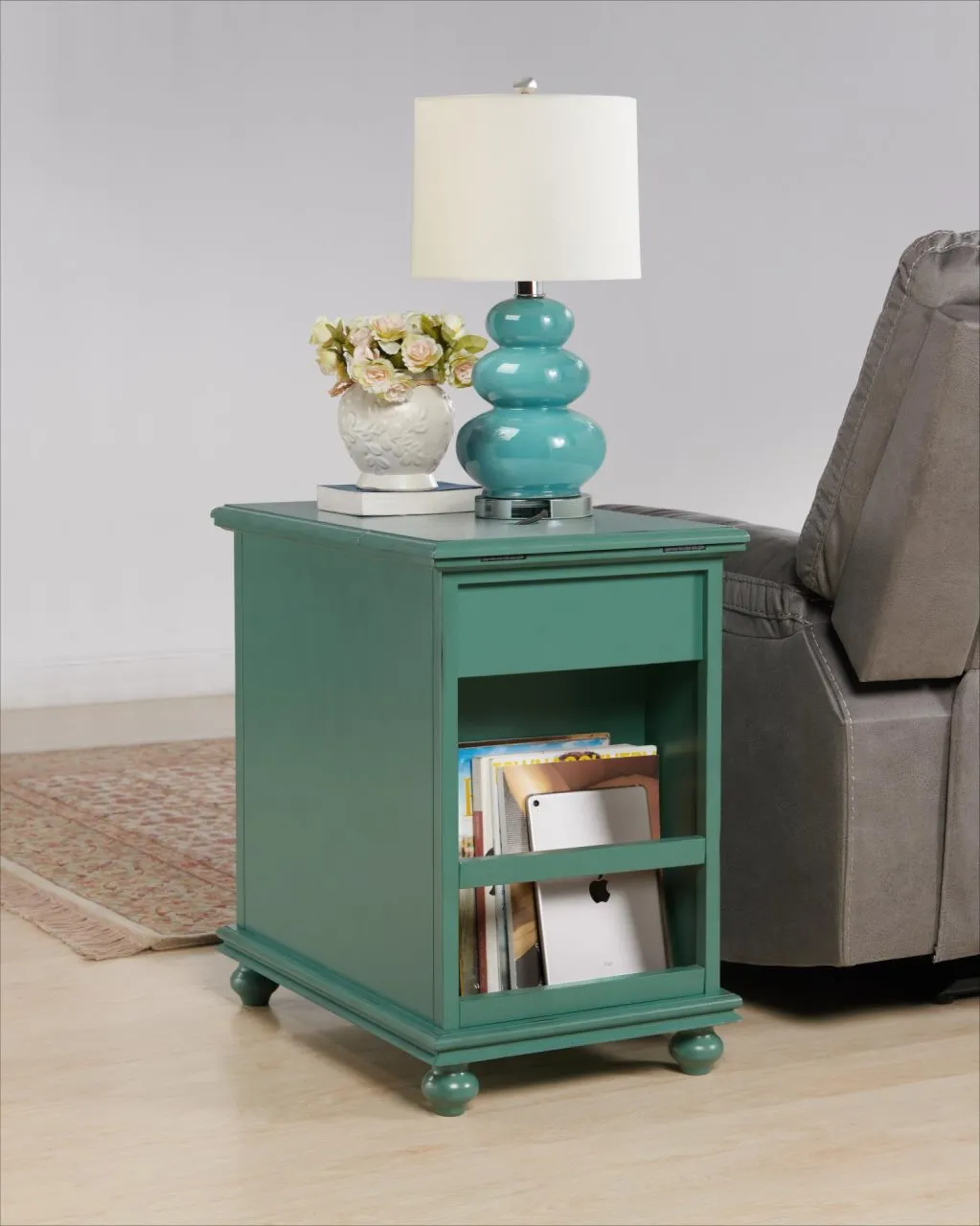 ELEGANT CHAIRSIDE ACCENT TABLE WITH POWER IN ANTIQUE TEAL