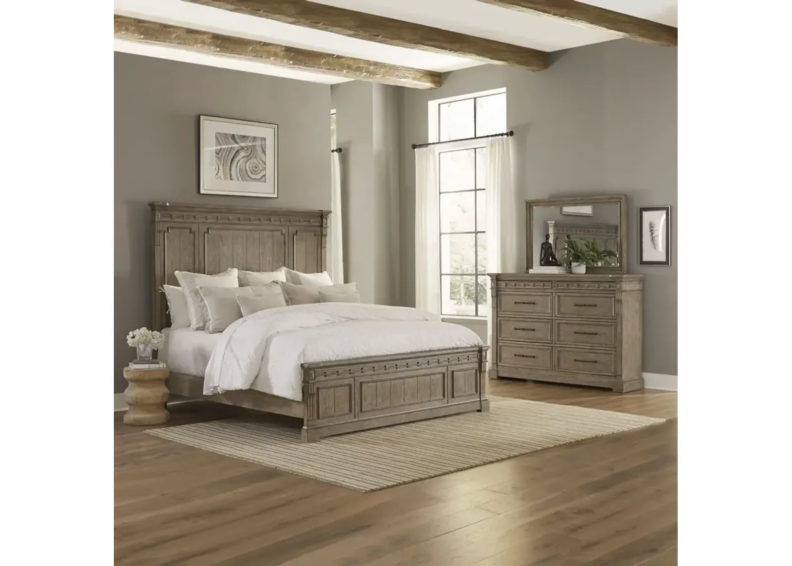 Liberty Furniture Complete Queen Bedroom Set Panel Bed, Dresser & Mirror Town Country