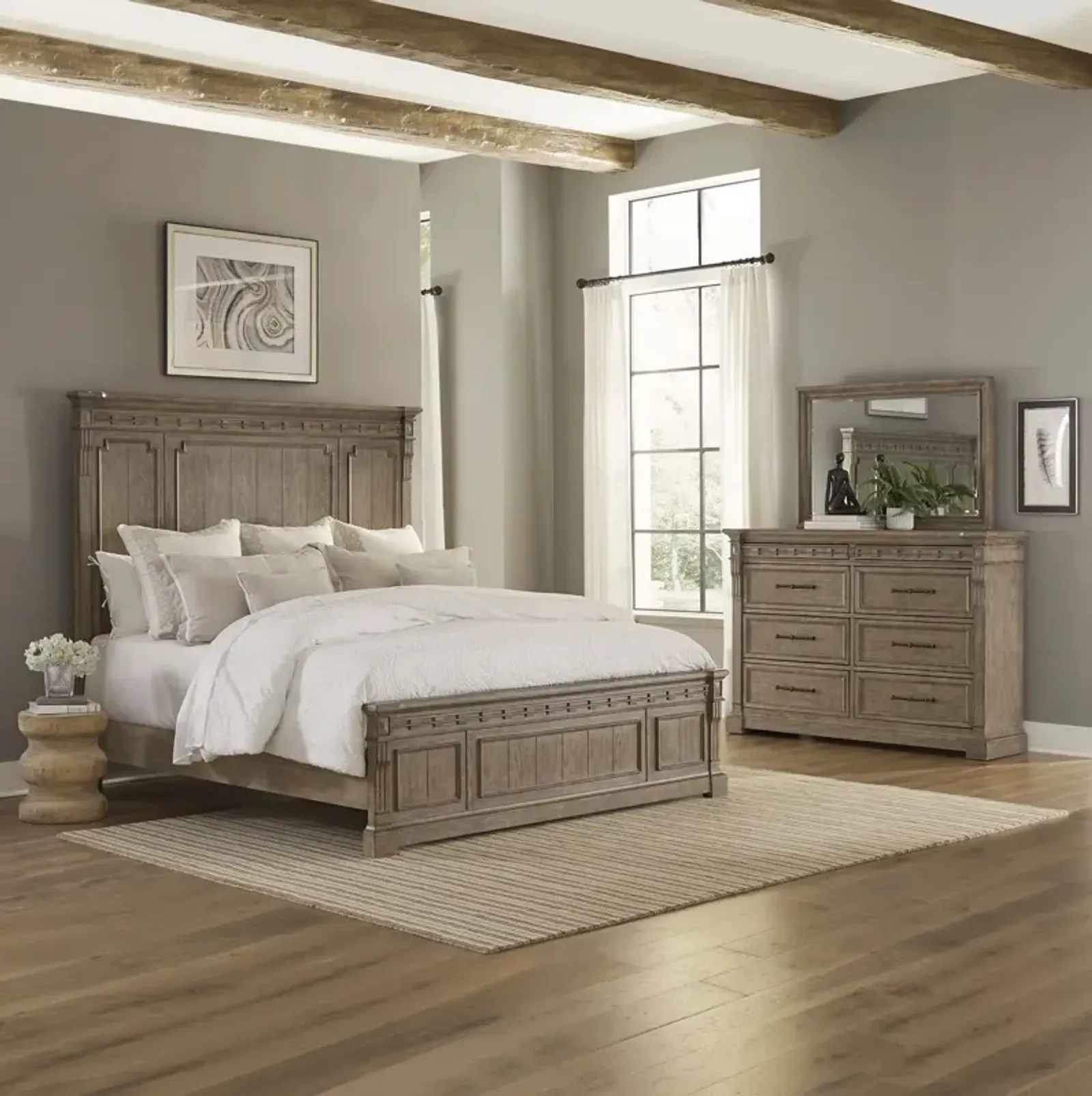 Liberty Furniture Complete Queen Bedroom Set Panel Bed, Dresser & Mirror Town Country