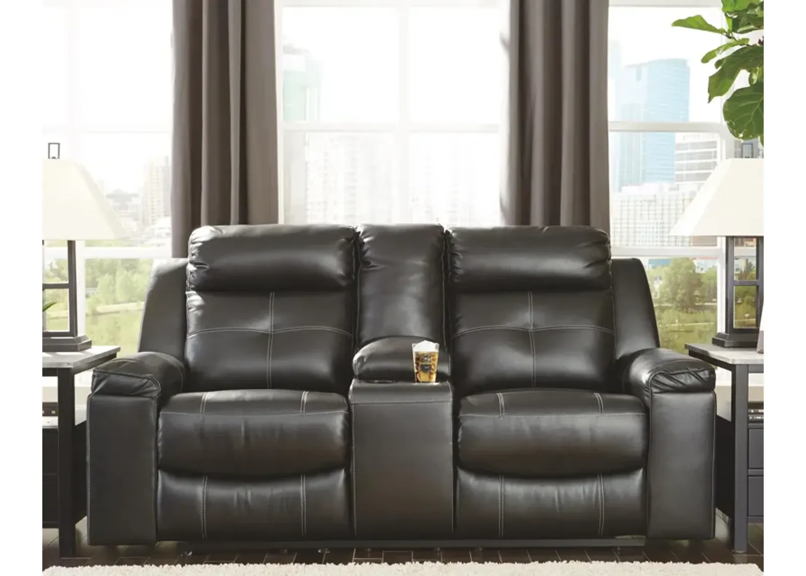 Kempten Black Double Reclining Loveseat with Console