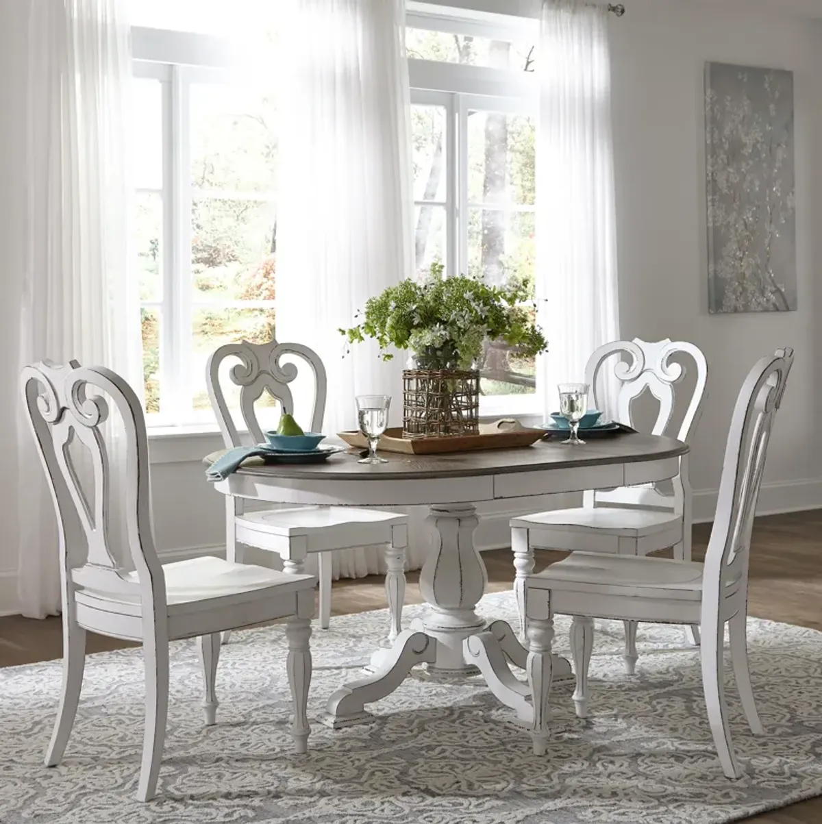 Liberty Furniture 5-Piece Antique White Weathered Bark Pedestal Dining Table Set Magnolia Manor