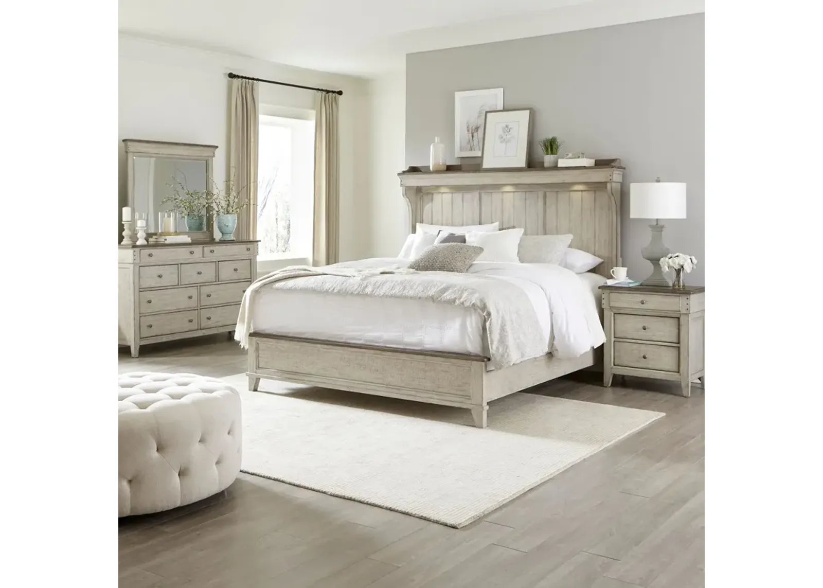 Complete Queen Bedroom Set Mantel Bed, Dresser, Mirror & Nightstand