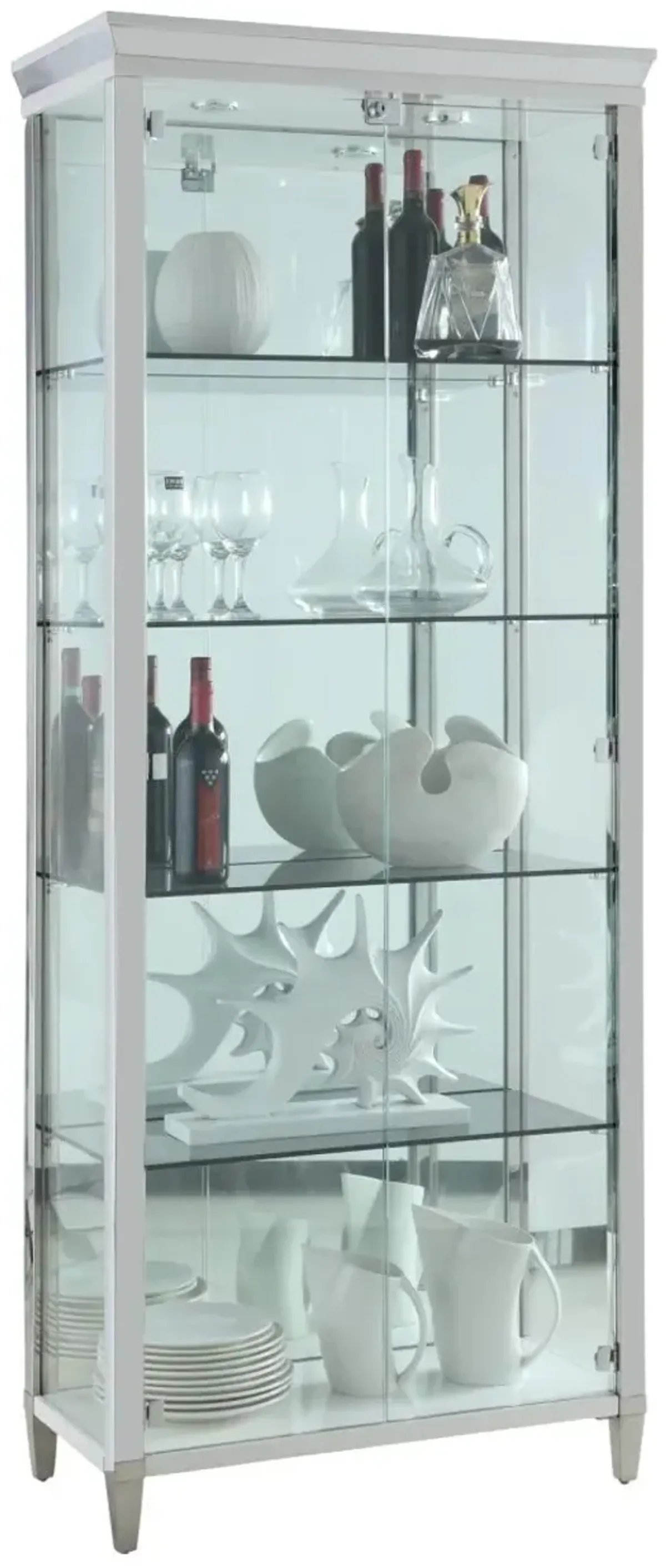 Chintaly Contemporary Tempered Glass Curio with Shelves Lighting & Locking Doors