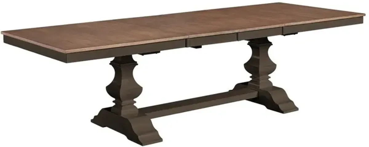 John Thomas Vista Extension Table Top & Banks Trestle Base in Hickory & Coal