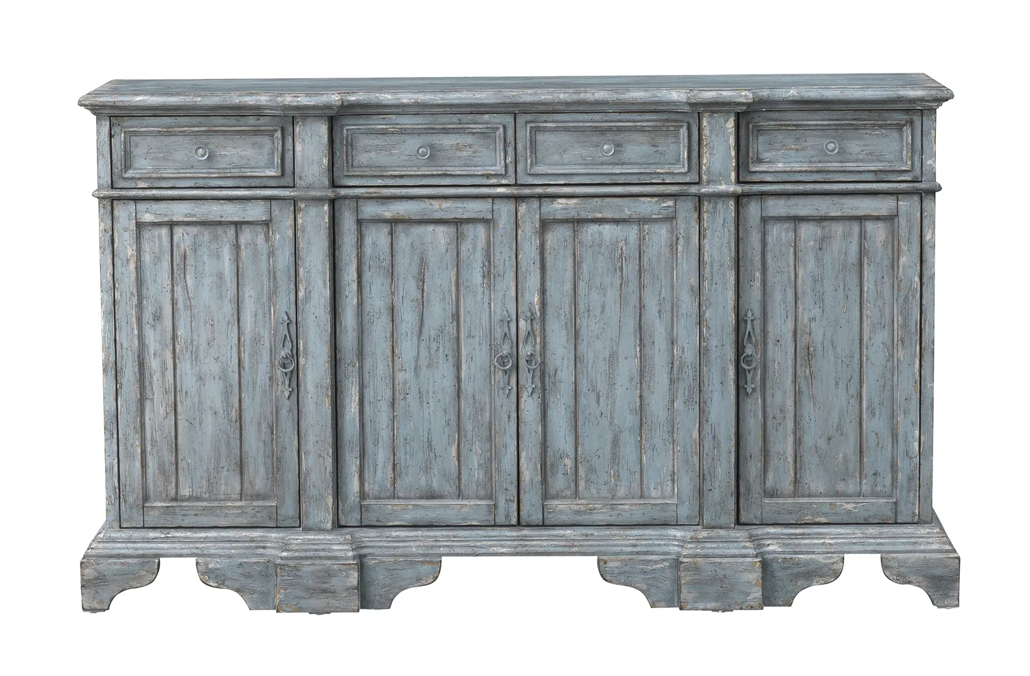 SHARA DISTRESSED FINISH 4 DOOR SIDEBOARD CREDENZA WITH 4 DRAWERS