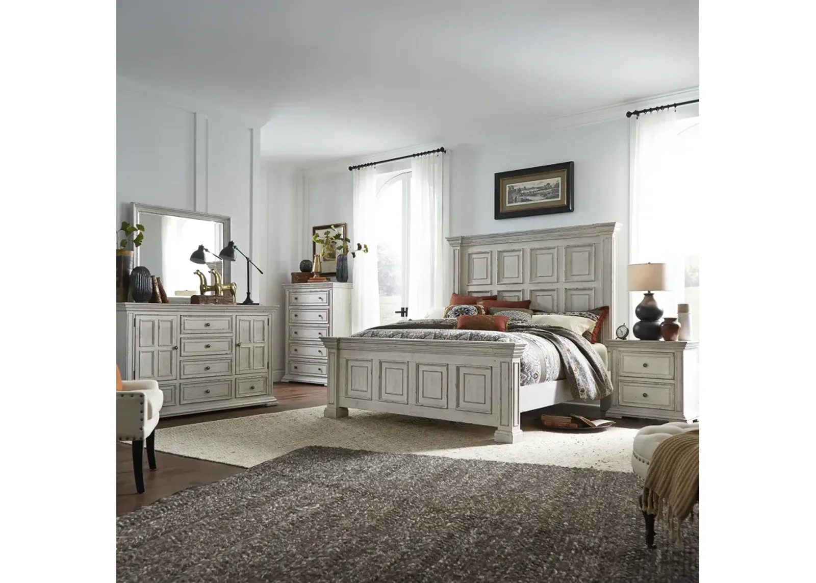 Liberty Furniture Complete Queen Bedroom Set Panel Bed, Dresser, Mirror, Chest & Nightstand Big Valley Whitestone