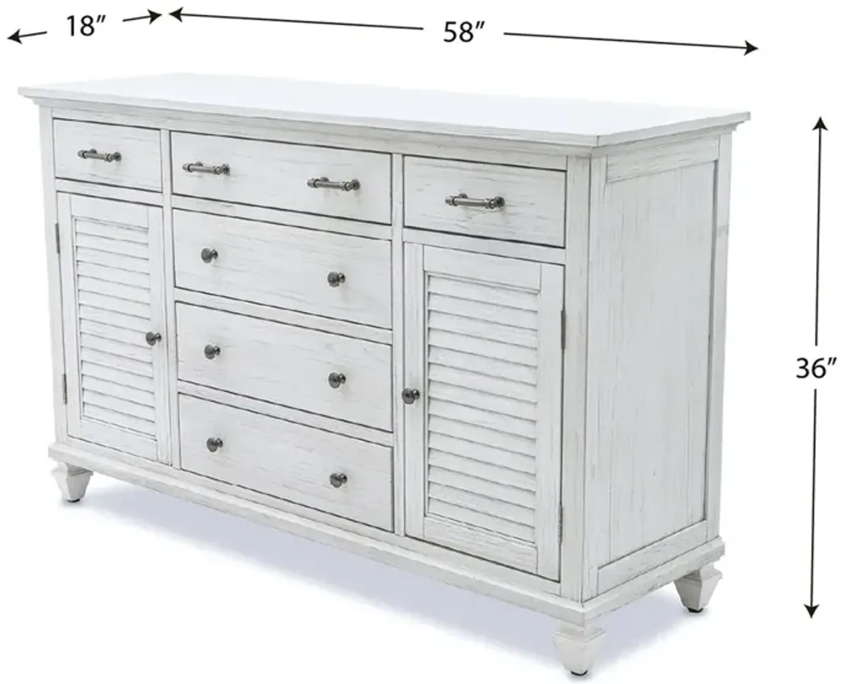 Seawinds Surfside 6-Drawer/2-Door Dresser Weathered White Finish