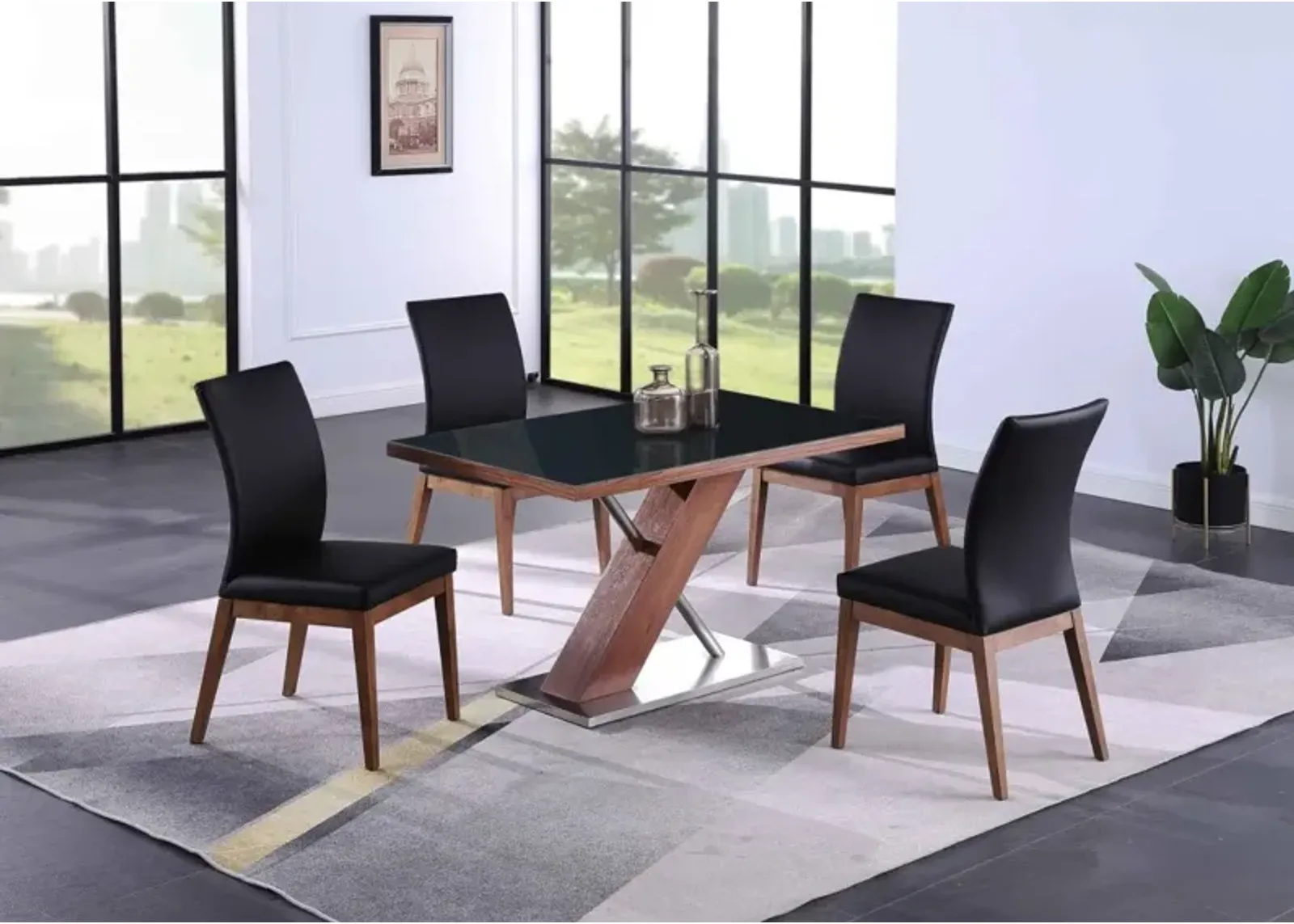 Chintaly Emma Modern Dining Set with Wooden & Black Glass Table & 4 Chairs