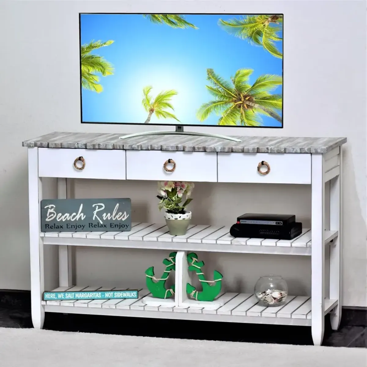 Seawinds Picket Fence Entertainment Center Grey/Blanc Finish