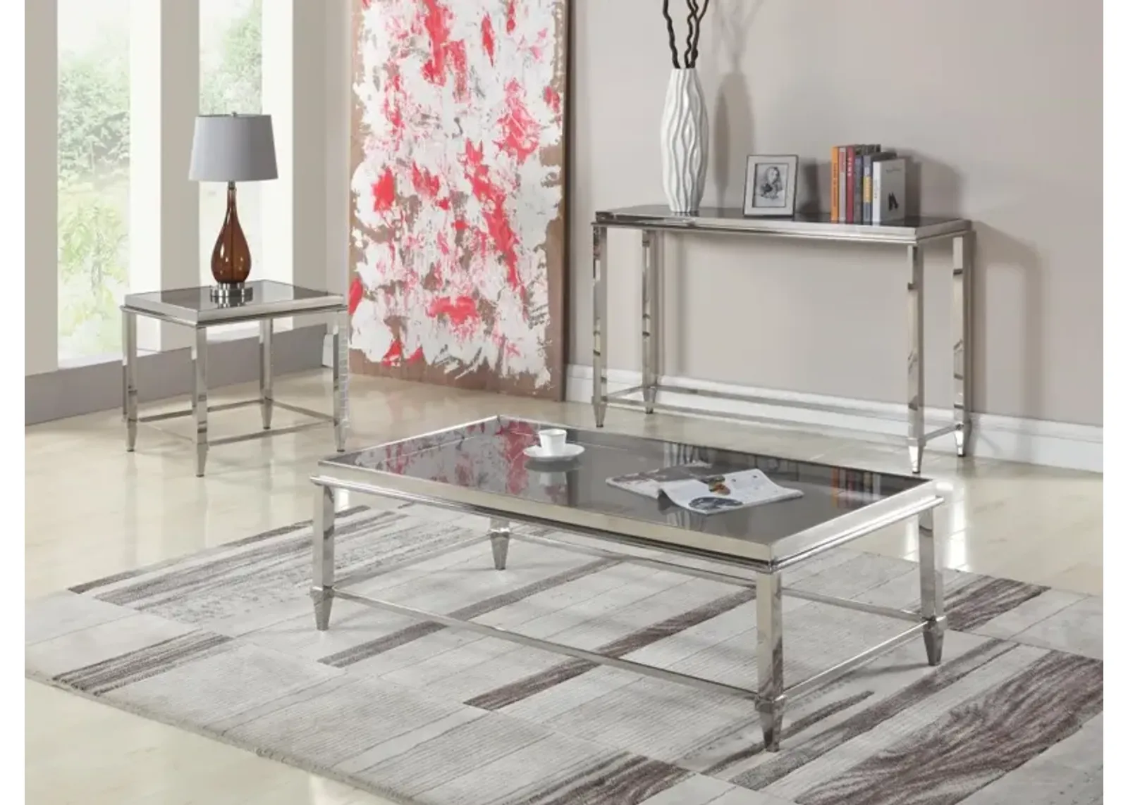 Chintaly Contemporary Sofa Table with Glass Top & Gray Trim