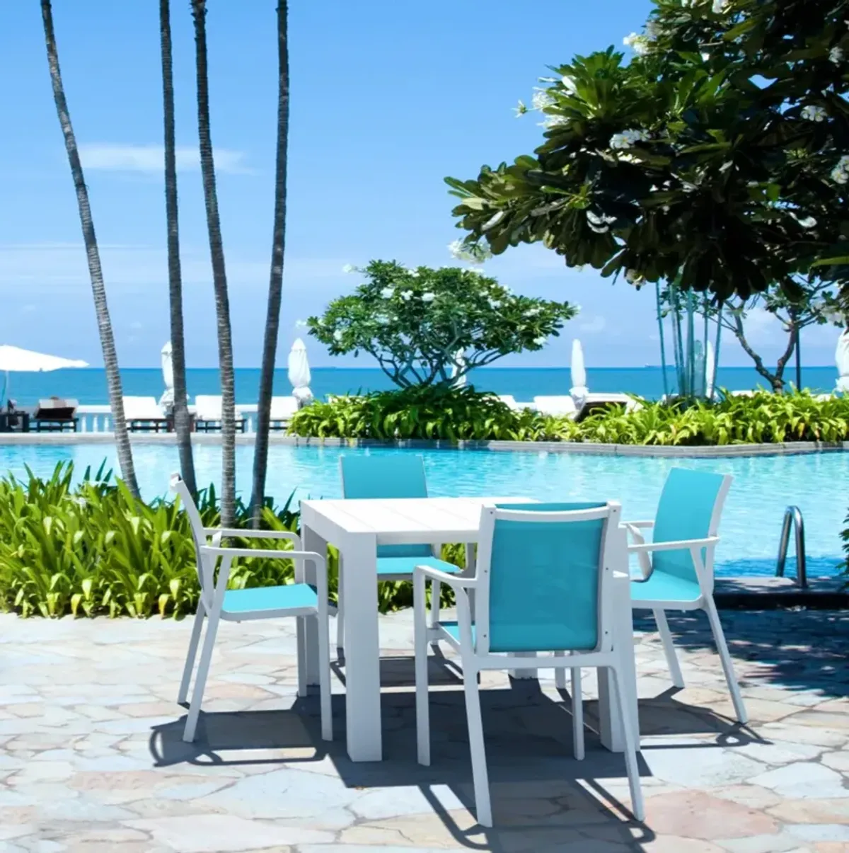 Compamia Pacific 5-Piece Dining Set with Sling Arm Chairs White Frame Turquoise Sling