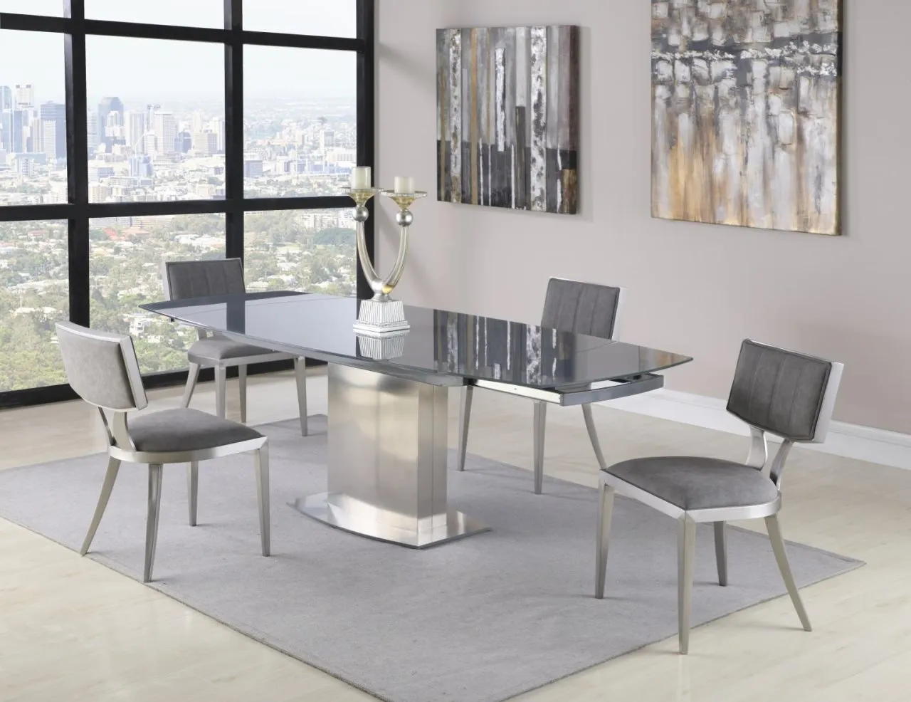 MAVIS CONTEMPORARY EXTENDABLE GRAY GLASS DINING TABLE