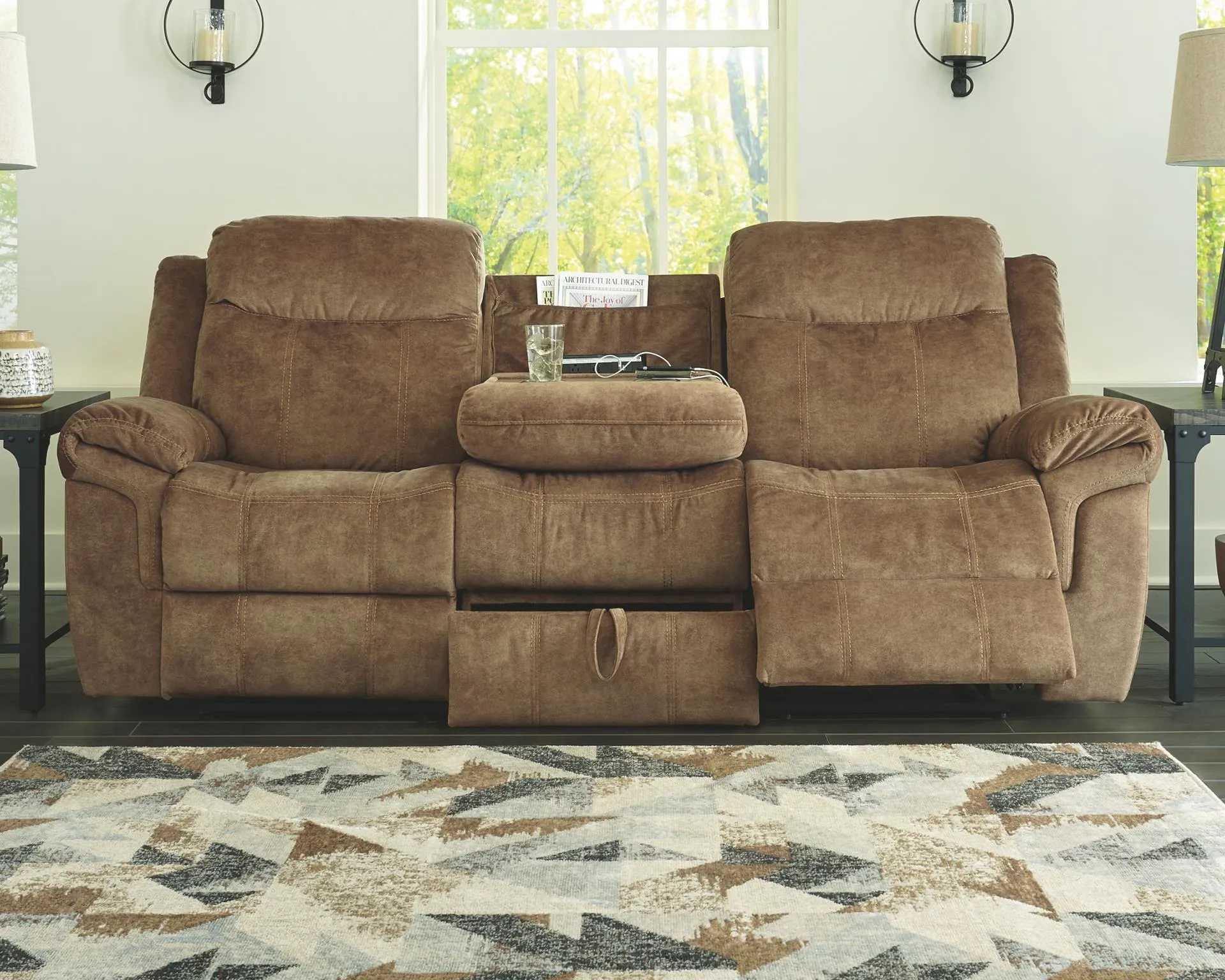 HUDDLE-UP RECLINING SOFA WITH DROP DOWN TABLE NUTMEG SIGNATURE DESIGN