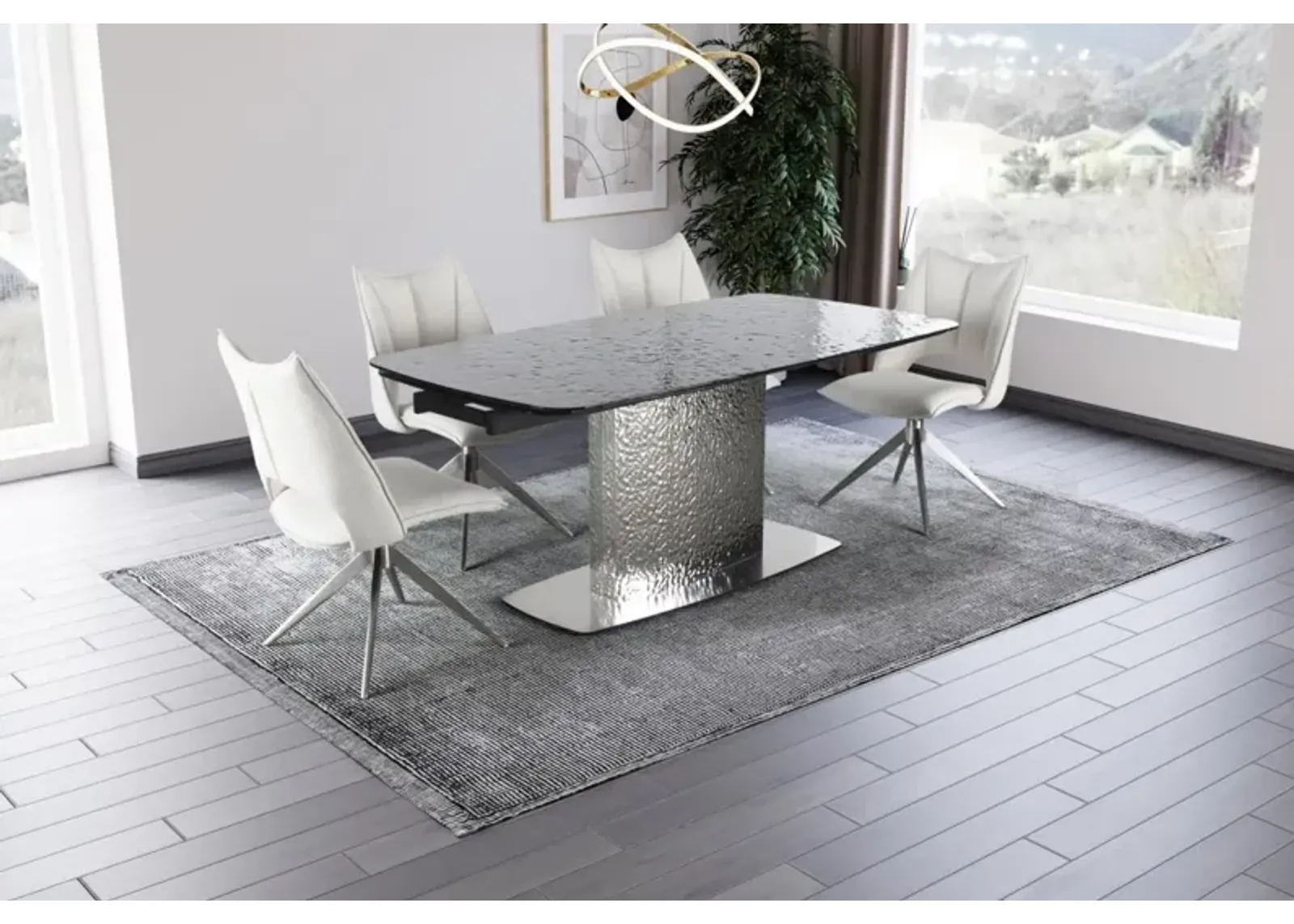 Chintaly Nora Contemporary Dining Set with Extendable Textured Table & 4 Swivel Chairs