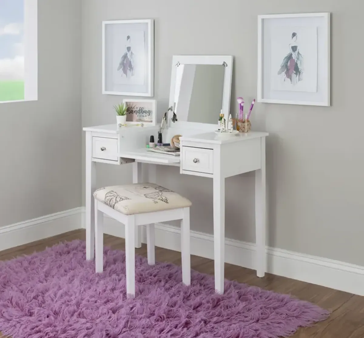 Linon White Butterfly Vanity & Stool