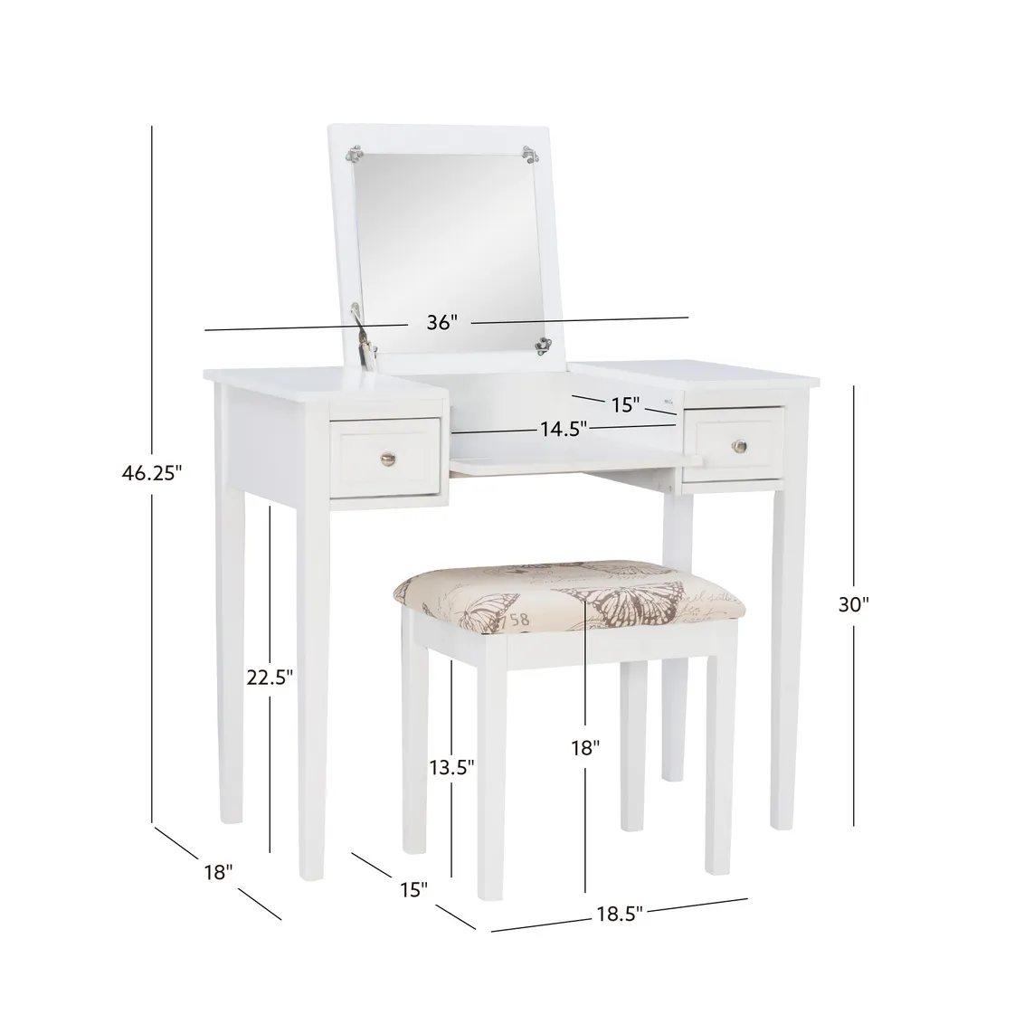 WHITE BUTTERFLY VANITY AND STOOL