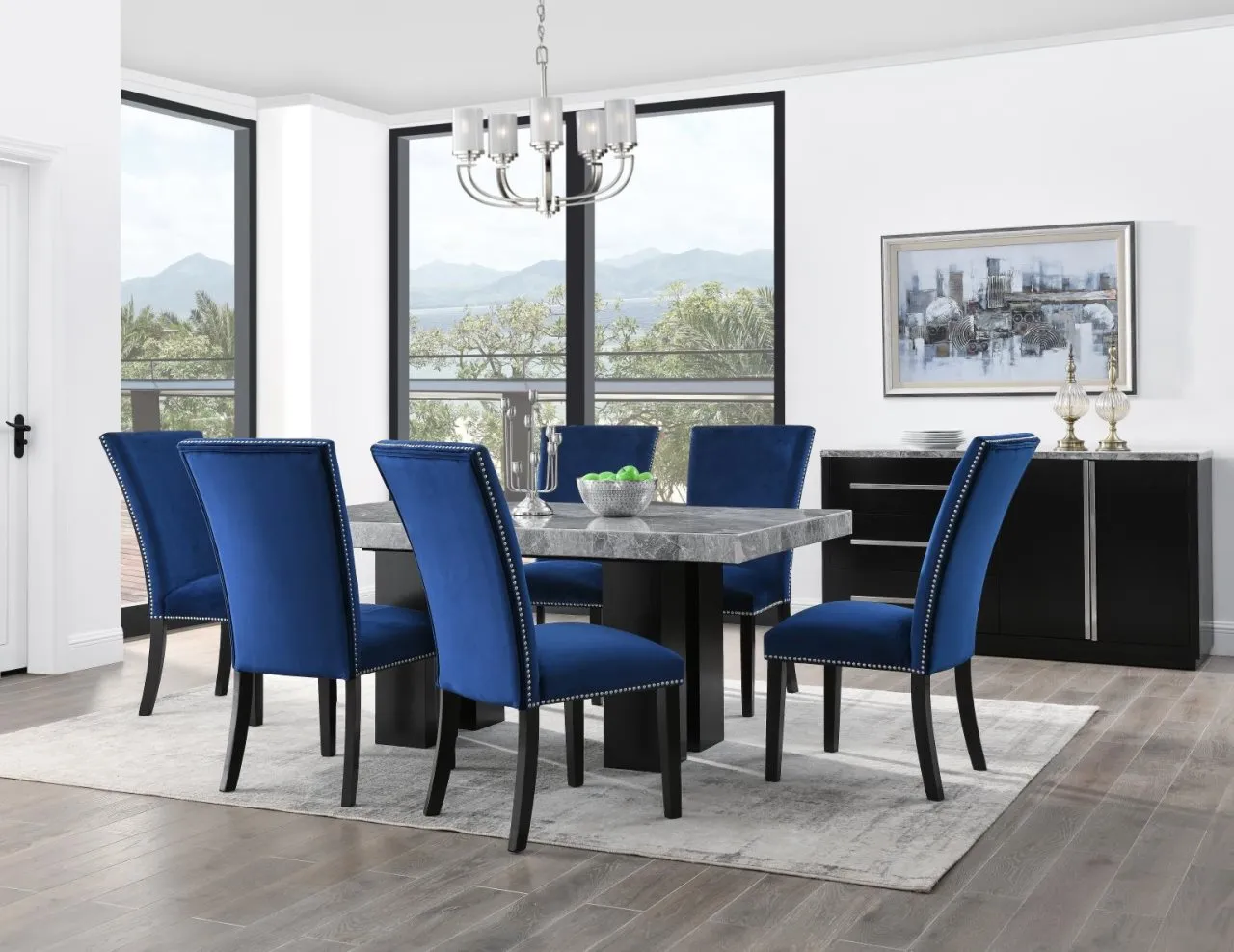 5 PIECE CAMILA TABLE W/4 BLACK FAUX-LEATHER CHAIRS