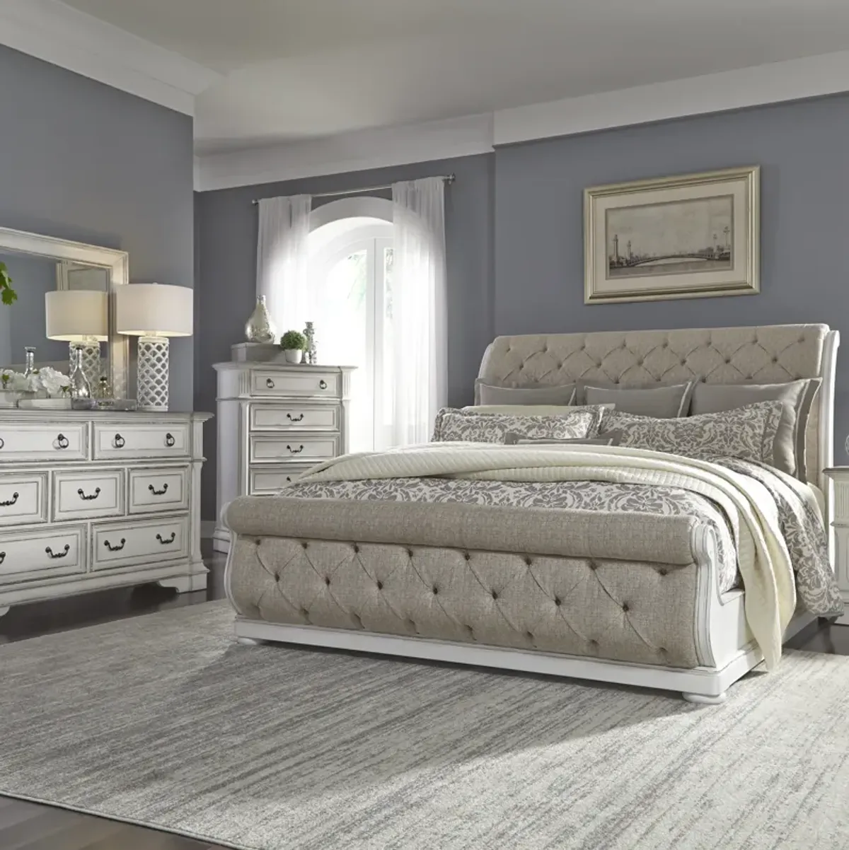 Liberty Furniture Complete King Bedroom Set Upholstered Sleigh Bed, Dresser, Mirror & Chest Abbey Park