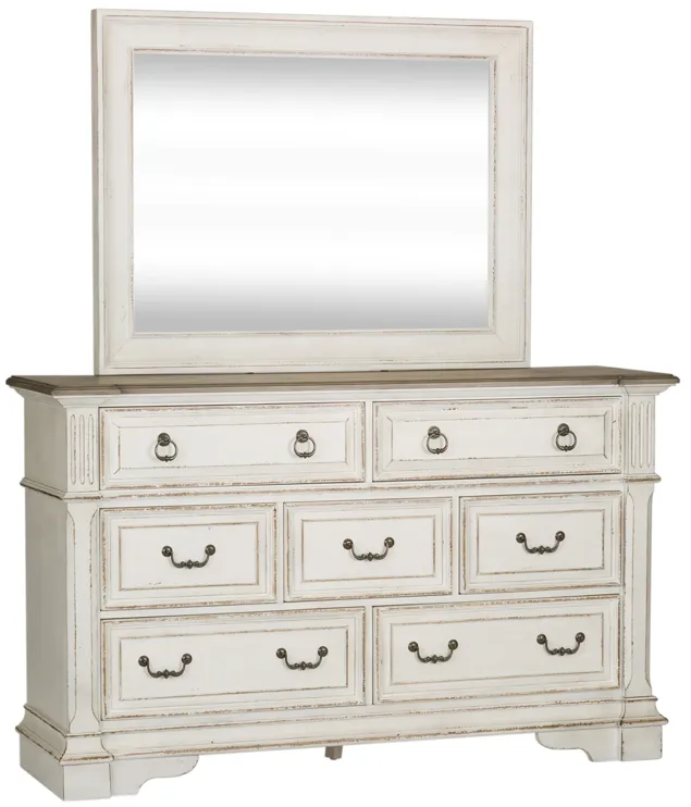 KING UPHOLSTERED SLEIGH BED DRESSER & MIRROR CHEST - ABBEY PARK