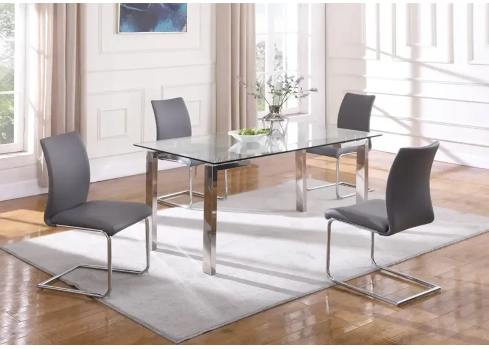 Chintaly Cristina Grey Dining Set with Contemporary Glass Table & Modern Upholstered Chairs