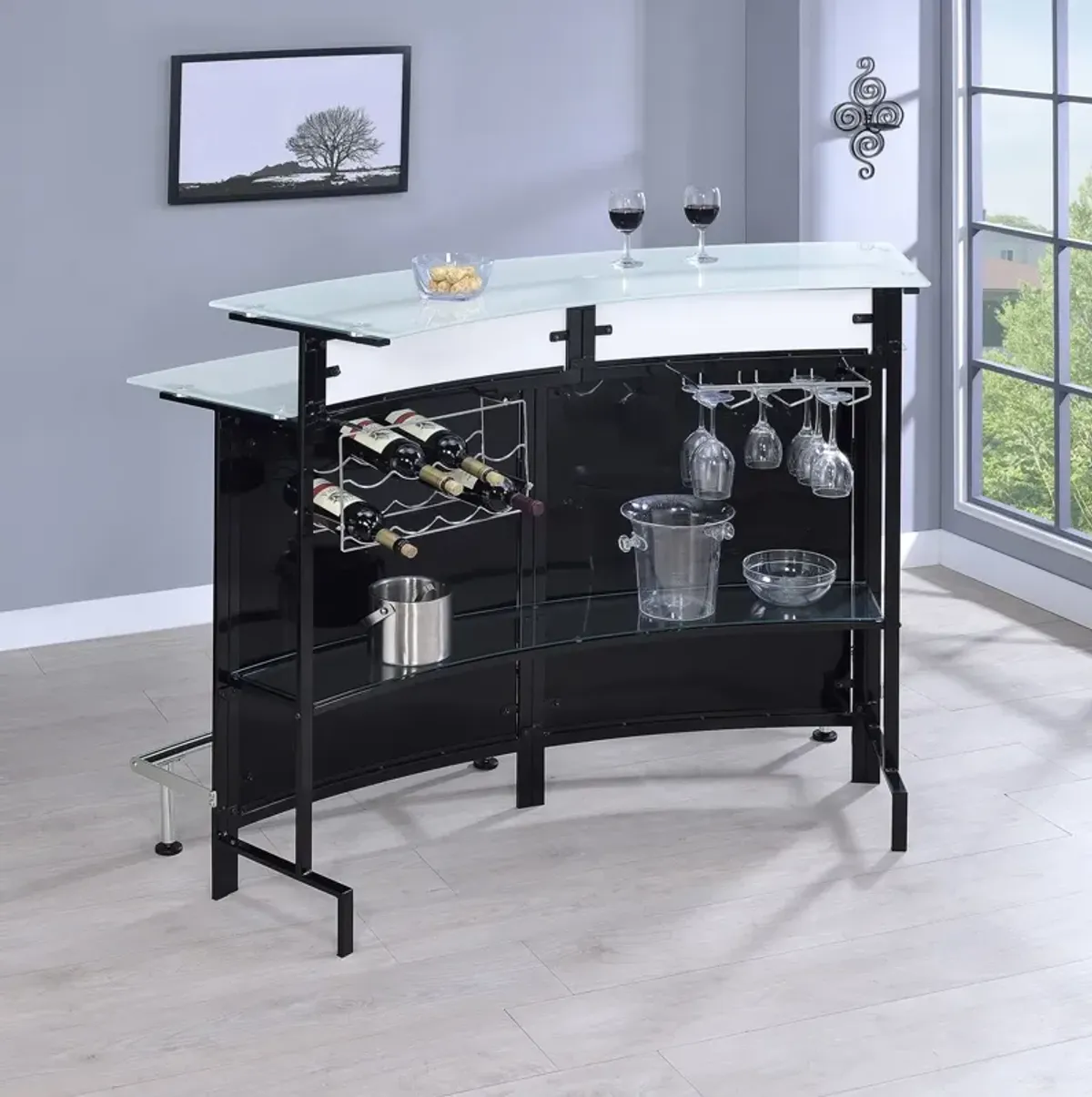 Coaster Keystone Curved Glass Top Home Bar Wine Cabinet Black