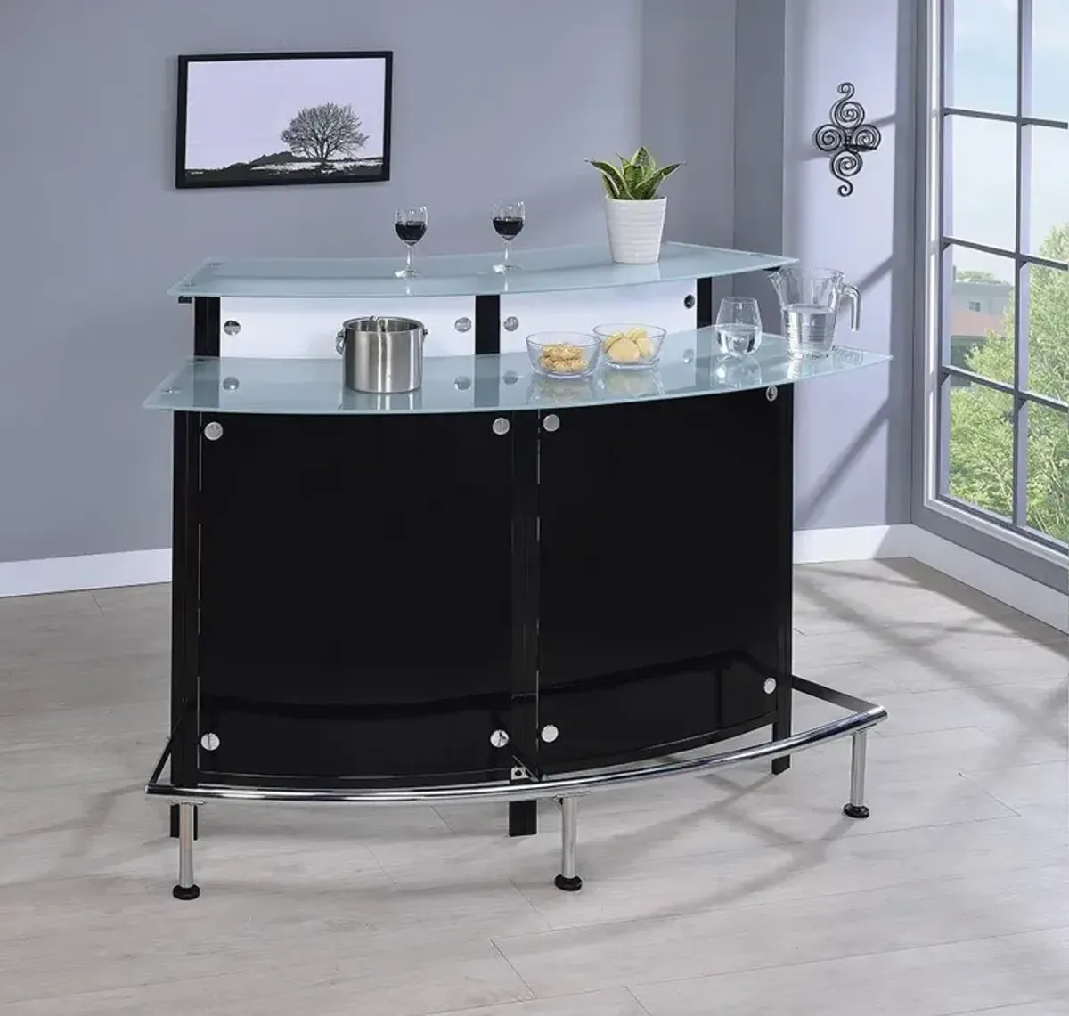 Coaster Keystone Curved Glass Top Home Bar Wine Cabinet Black