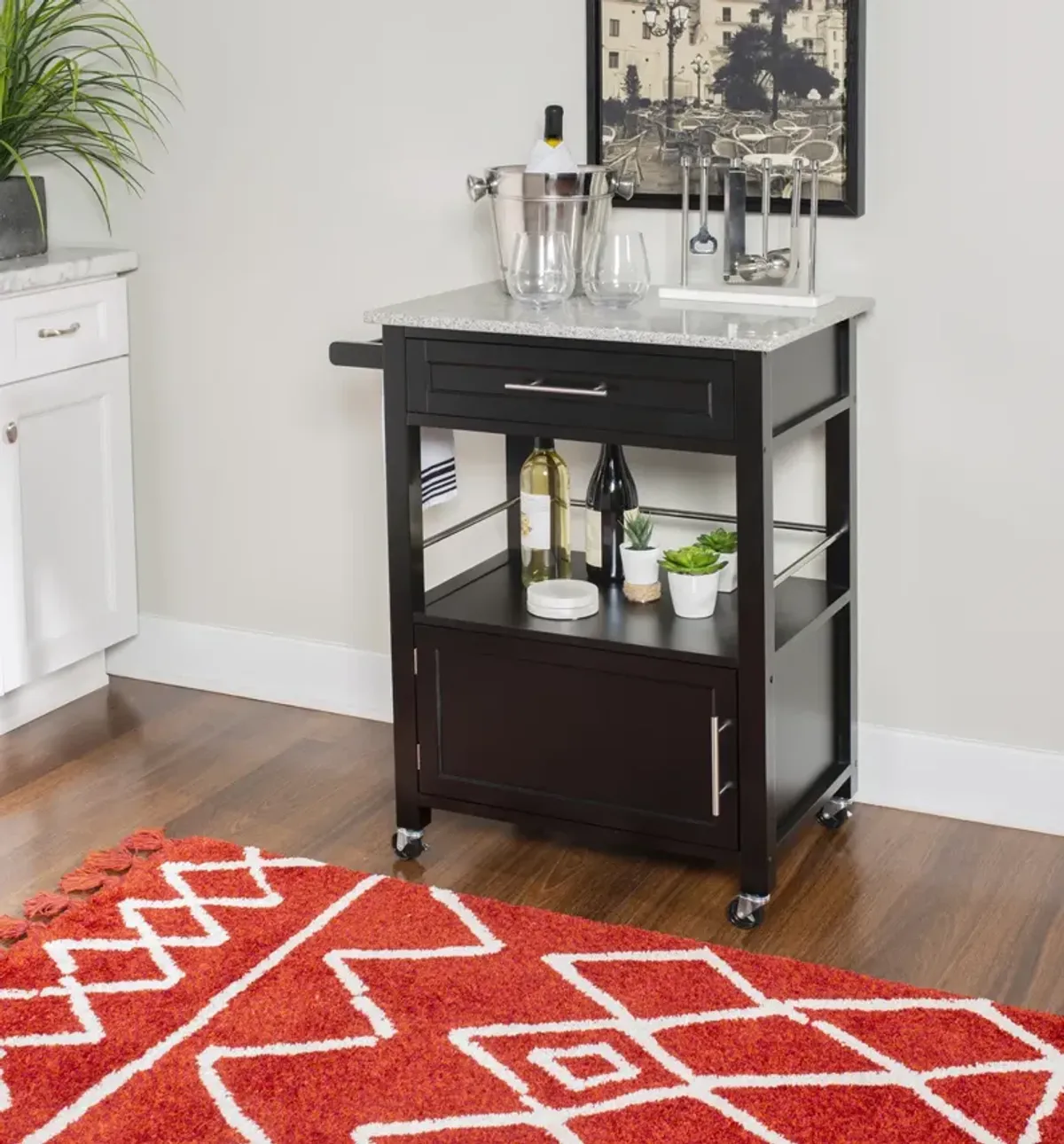 Linon Mitchell Black Kitchen Cart with Granite Top