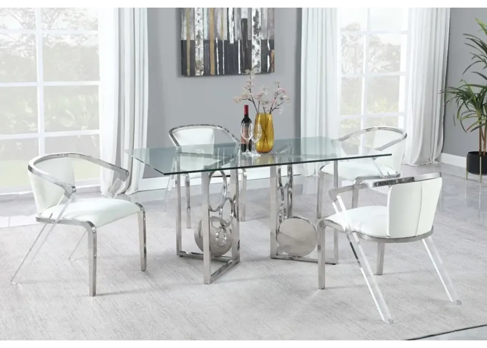 Chintaly Bruna White Modern Arm Chair with Steel & Solid Acrylic Frame