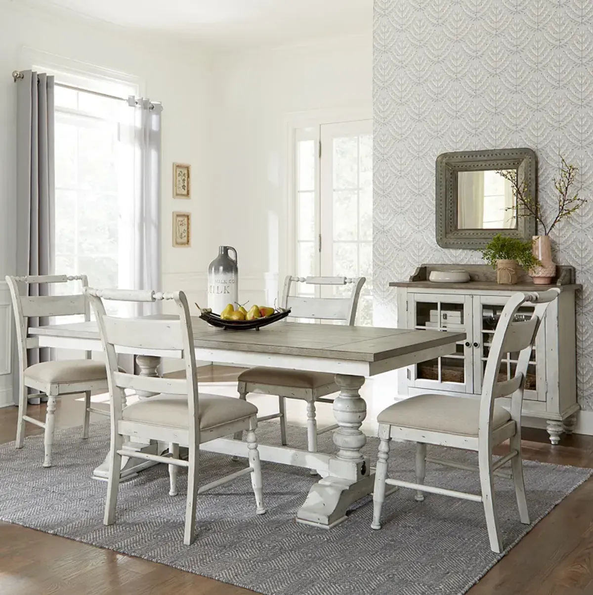 Liberty Furniture Whitney 5-Piece Antique Linen/Weathered Gray Trestle Casual Dining Table Set