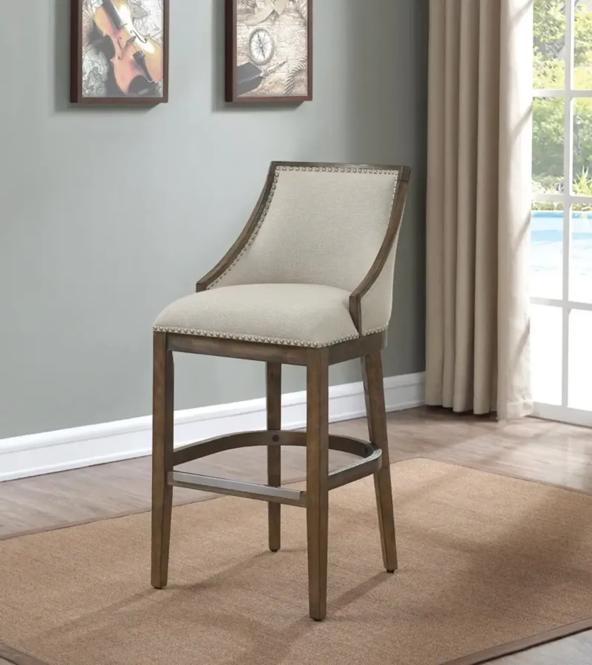 American Woodcrafters Keller Stool with Wood Back Frame in Drift Brown