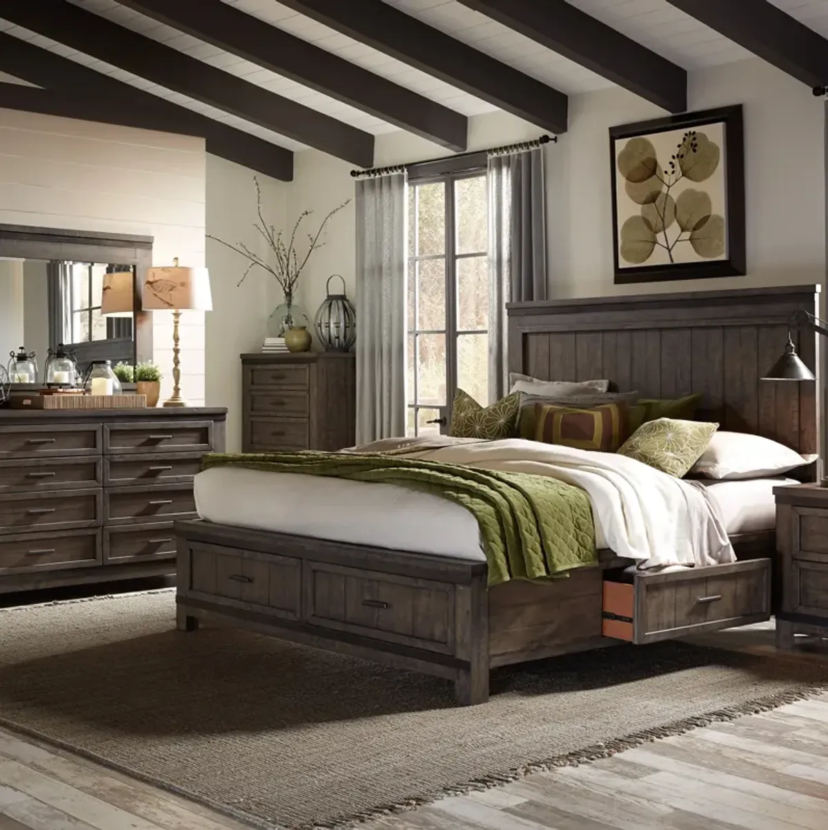 Complete King Bedroom Set - Two-Sided Storage Bed, Dresser, Mirror & Chest - Thornwood Hills