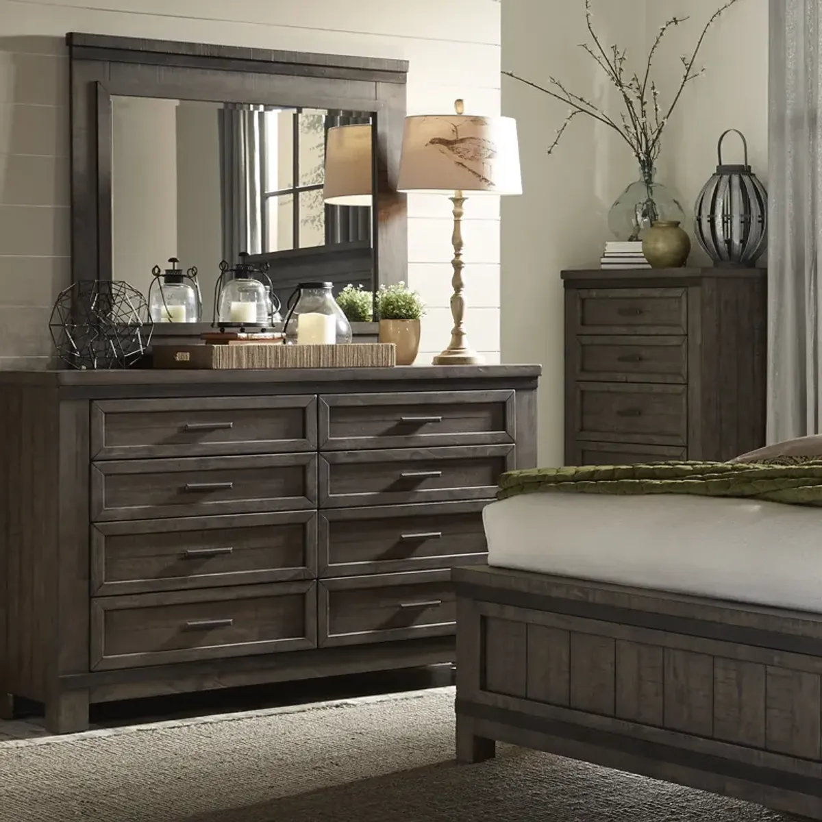 Complete King Bedroom Set - Two-Sided Storage Bed, Dresser, Mirror & Chest - Thornwood Hills