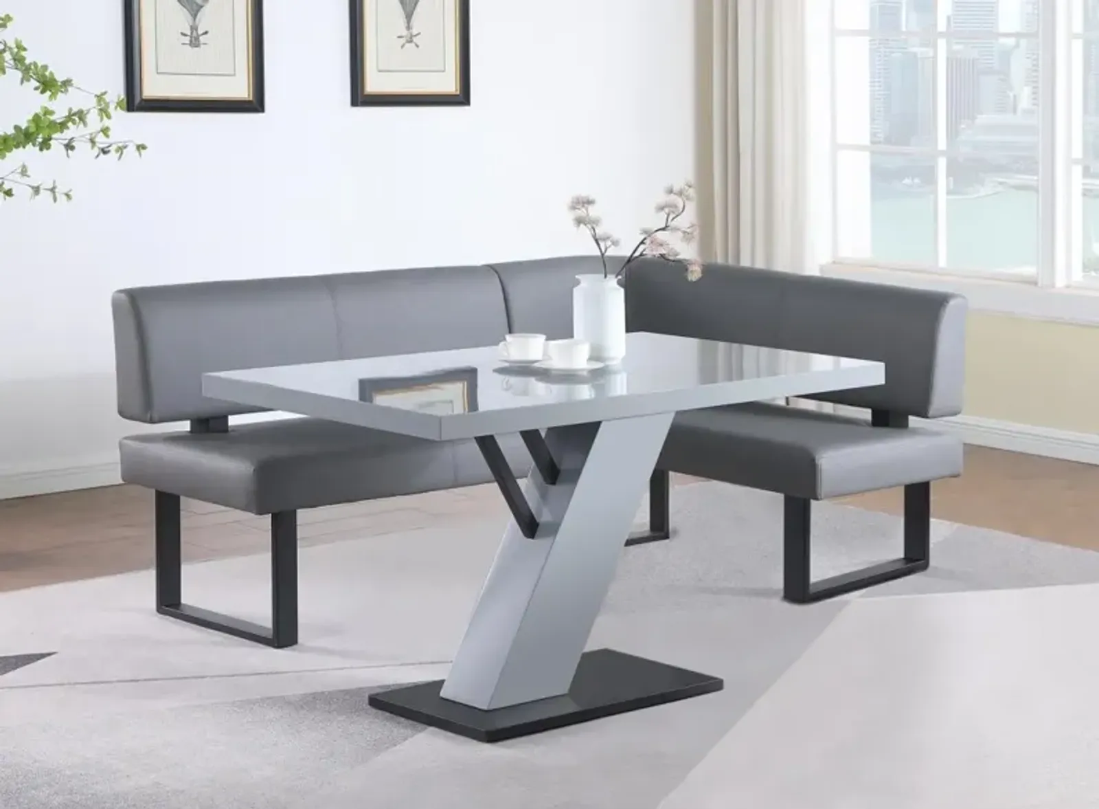 Chintaly Linden Grey Contemporary Dining Set with Wooden Dining Table & Nook