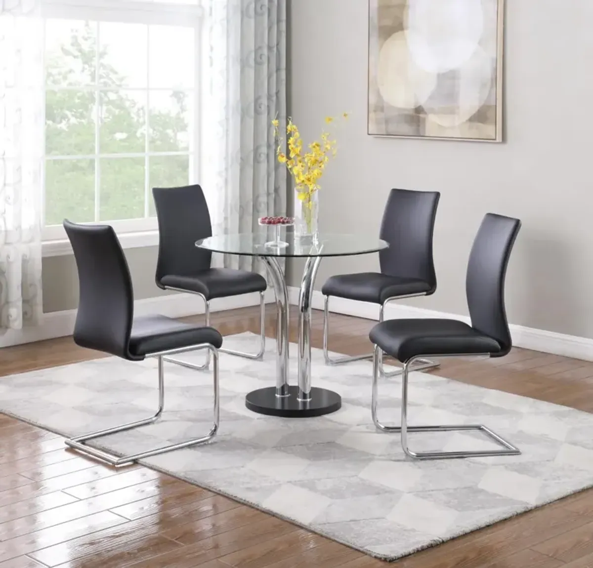 Chintaly Black Dining Set with Glass Top Bistro Table & 4 Cantilever Side Chairs