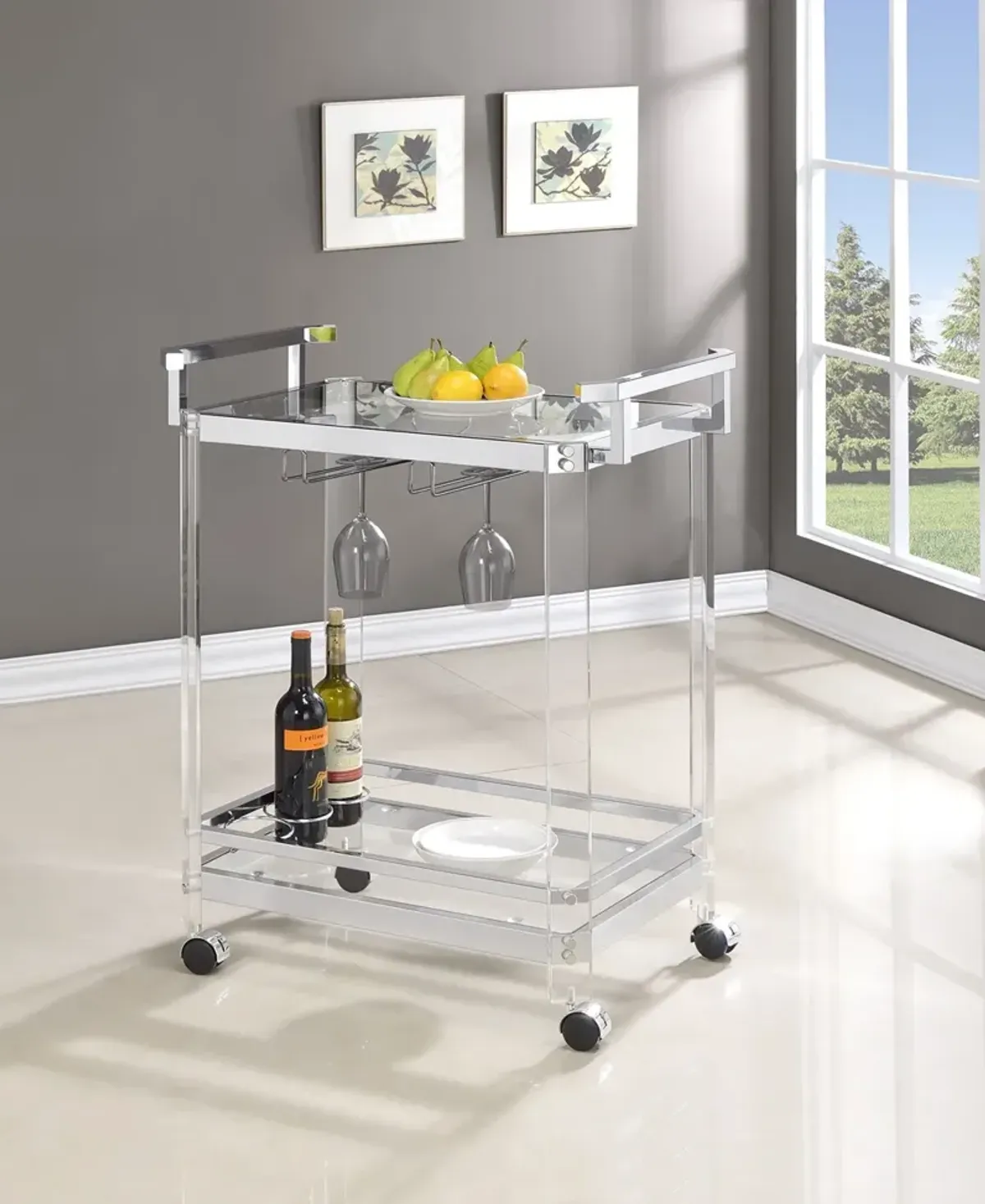 TRADITIONAL CLEAR ACRYLIC & CHROME SERVING CART