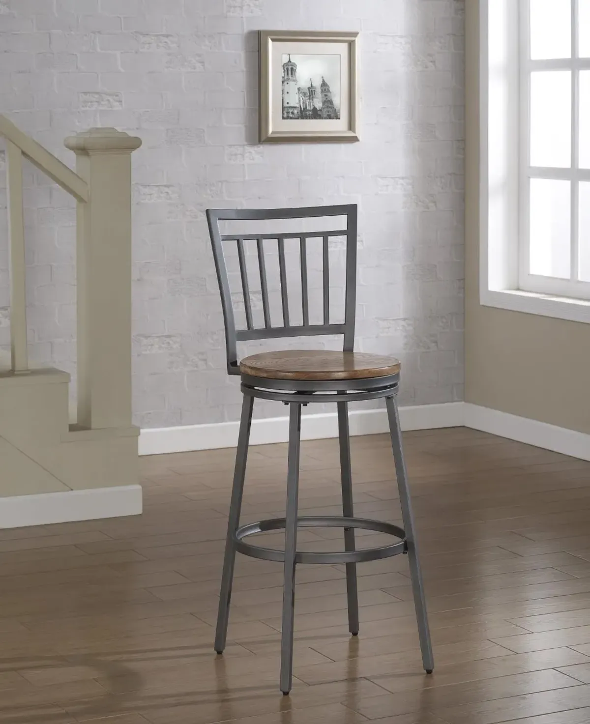 American Woodcrafters Filmore Stool with Metal Back Frame in Slate Grey with Golden Oak Seat