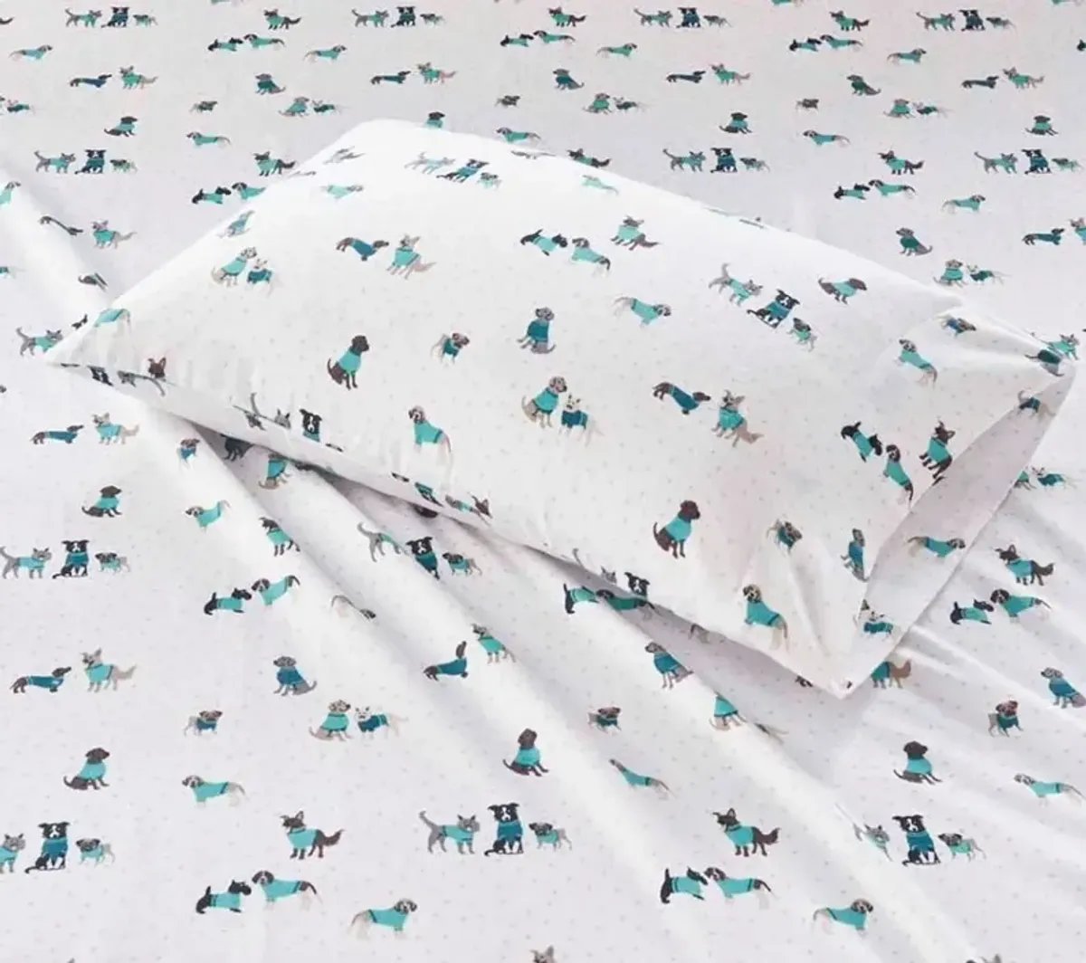 Olliix Intelligent Design Full Teal Dogs Cozy Soft Cotton Novelty Print Flannel Sheet Set