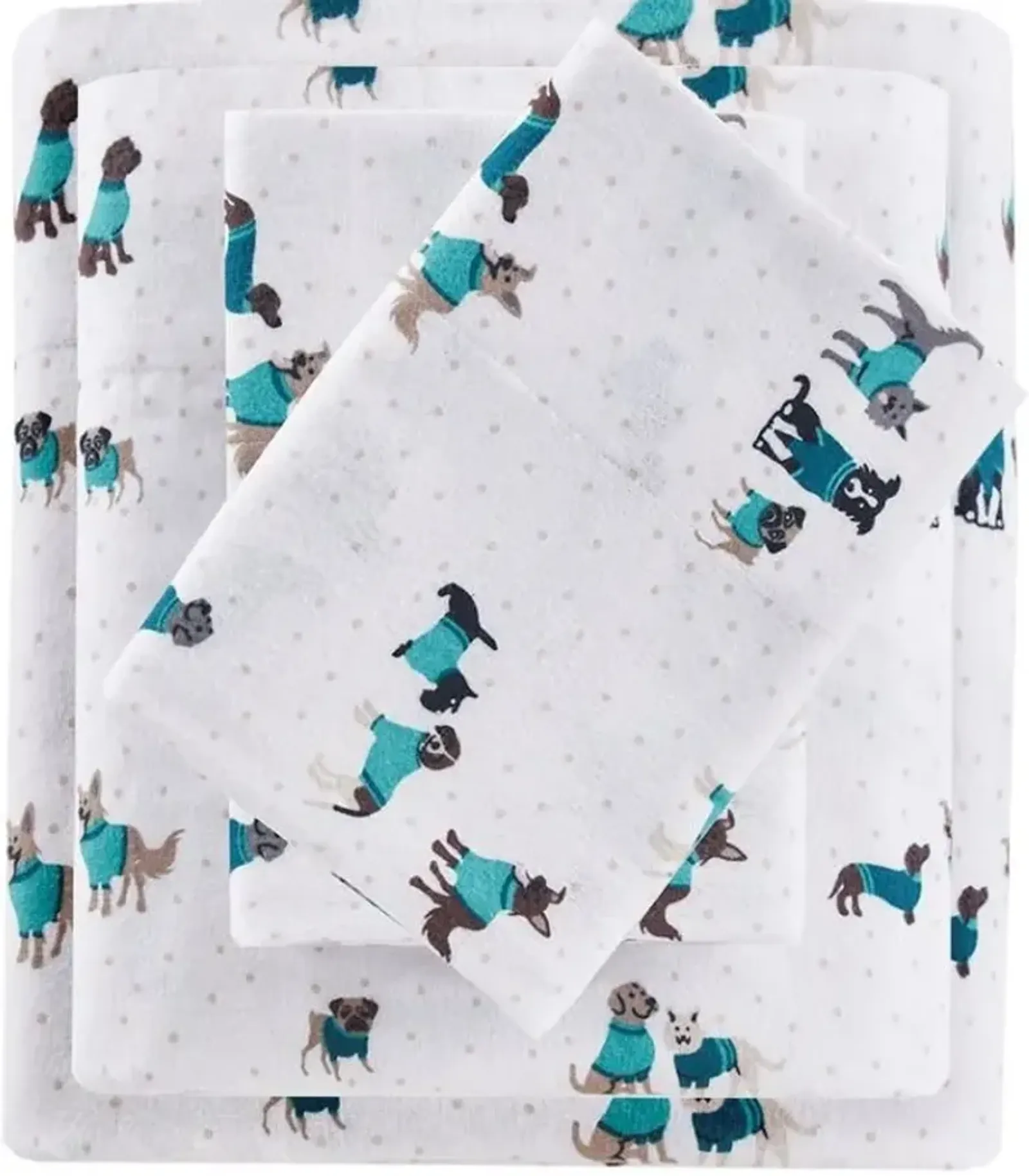 Olliix Intelligent Design Full Teal Dogs Cozy Soft Cotton Novelty Print Flannel Sheet Set