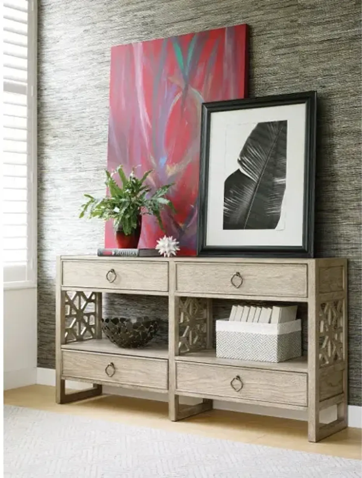 American Drew Vista Oyster Biscane Hall Console Table