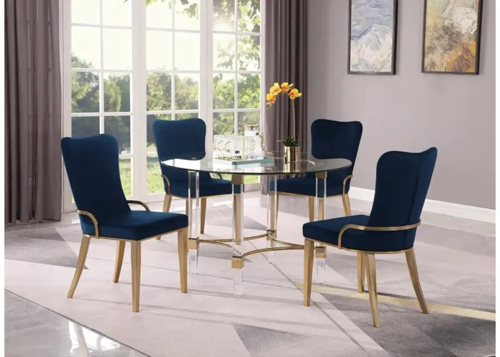 Chintaly Blue/Gold Dining Set with Round Glass Top Acrylic & Golden Base with 4 Chairs