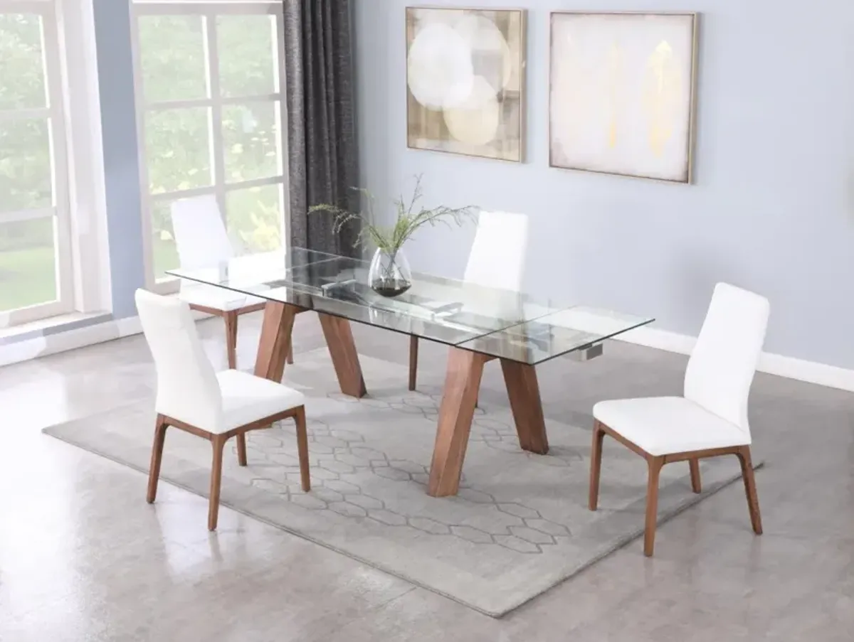 Chintaly Esther White/Walnut Modern Dining Set with Extendable Glass Table & 2-Tone Chairs