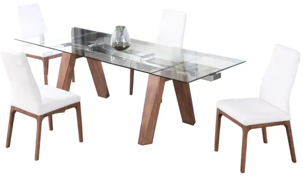 Chintaly Esther White/Walnut Modern Dining Set with Extendable Glass Table & 2-Tone Chairs