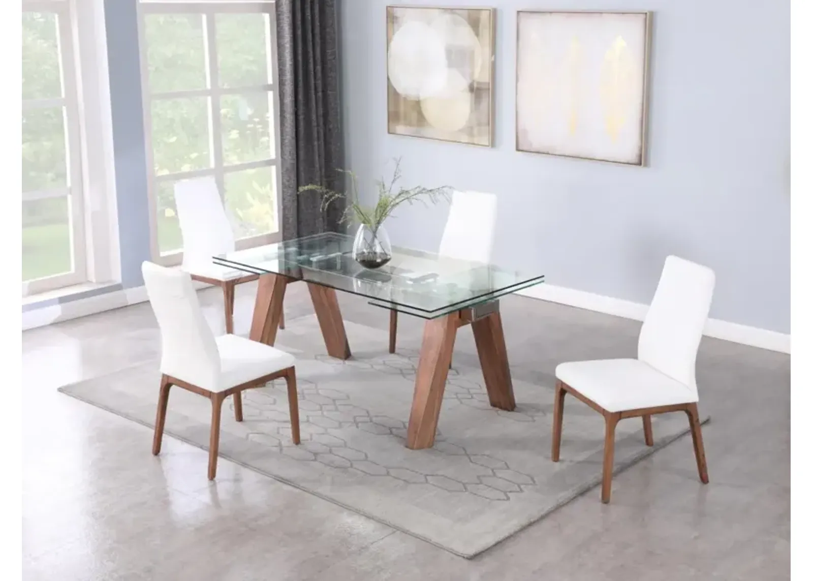 Chintaly Esther White/Walnut Modern Dining Set with Extendable Glass Table & 2-Tone Chairs