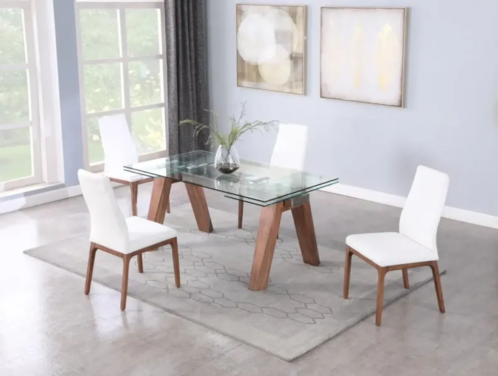 Chintaly Esther White/Walnut Modern Dining Set with Extendable Glass Table & 2-Tone Chairs