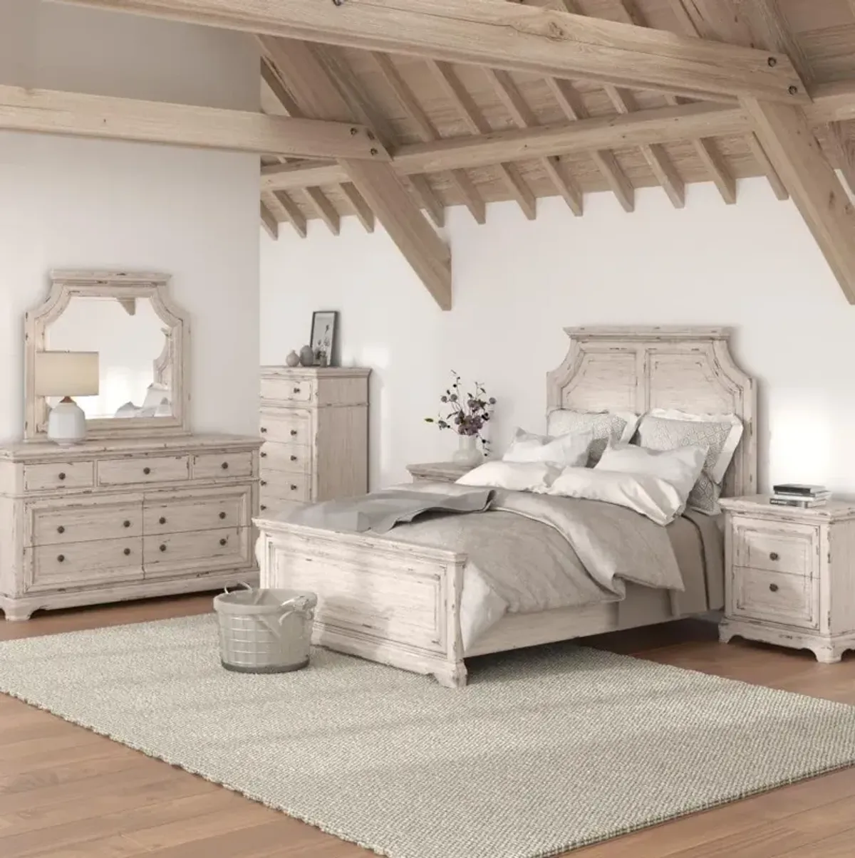 American Woodcrafters Complete Queen Bedroom Set Panel Bed, Dresser & Mirror Antique White Providence