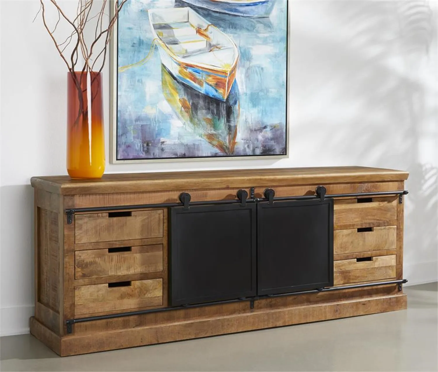 WALLEN EXOTIC SHEESHAM WOOD 2 SLIDING BARN DOORS 6 DRAWER SIDEBOARD CREDENZA WITH A CHATTERMARK FINISH