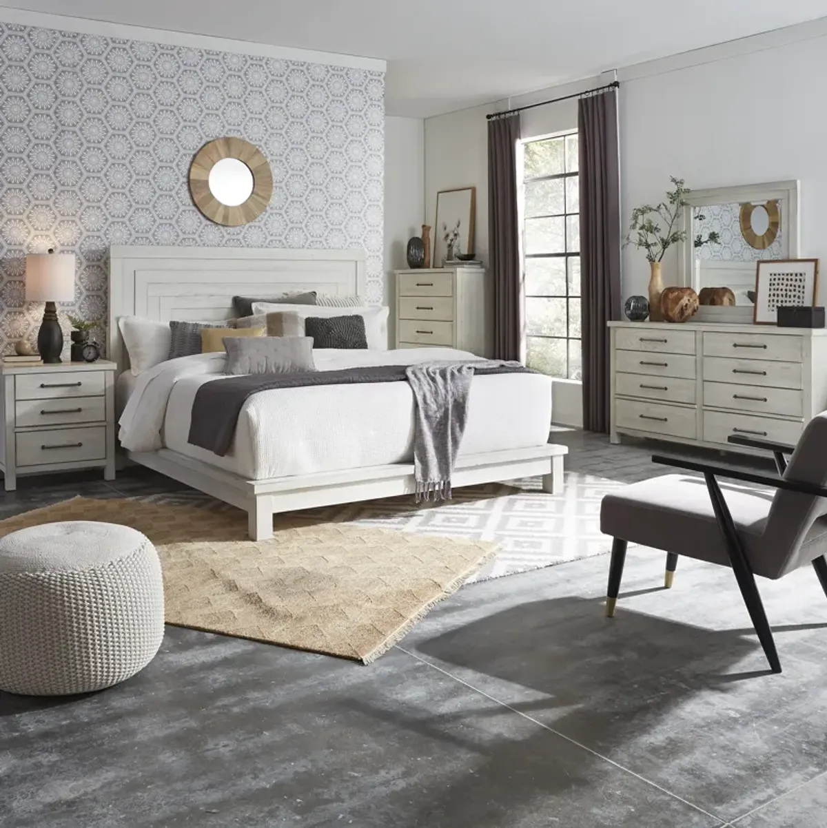 Liberty Furniture Complete Queen Bedroom Set White Platform Bed, Dresser, Mirror, Chest & Nightstand Modern Farmhouse