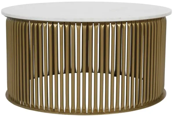 LEE WHITE WITH GREY VEINING SOLID MARBLE TOPPED COCKTAIL COFFEE TABLE WITH SHINY GOLD POWDER COATED IRON BASE