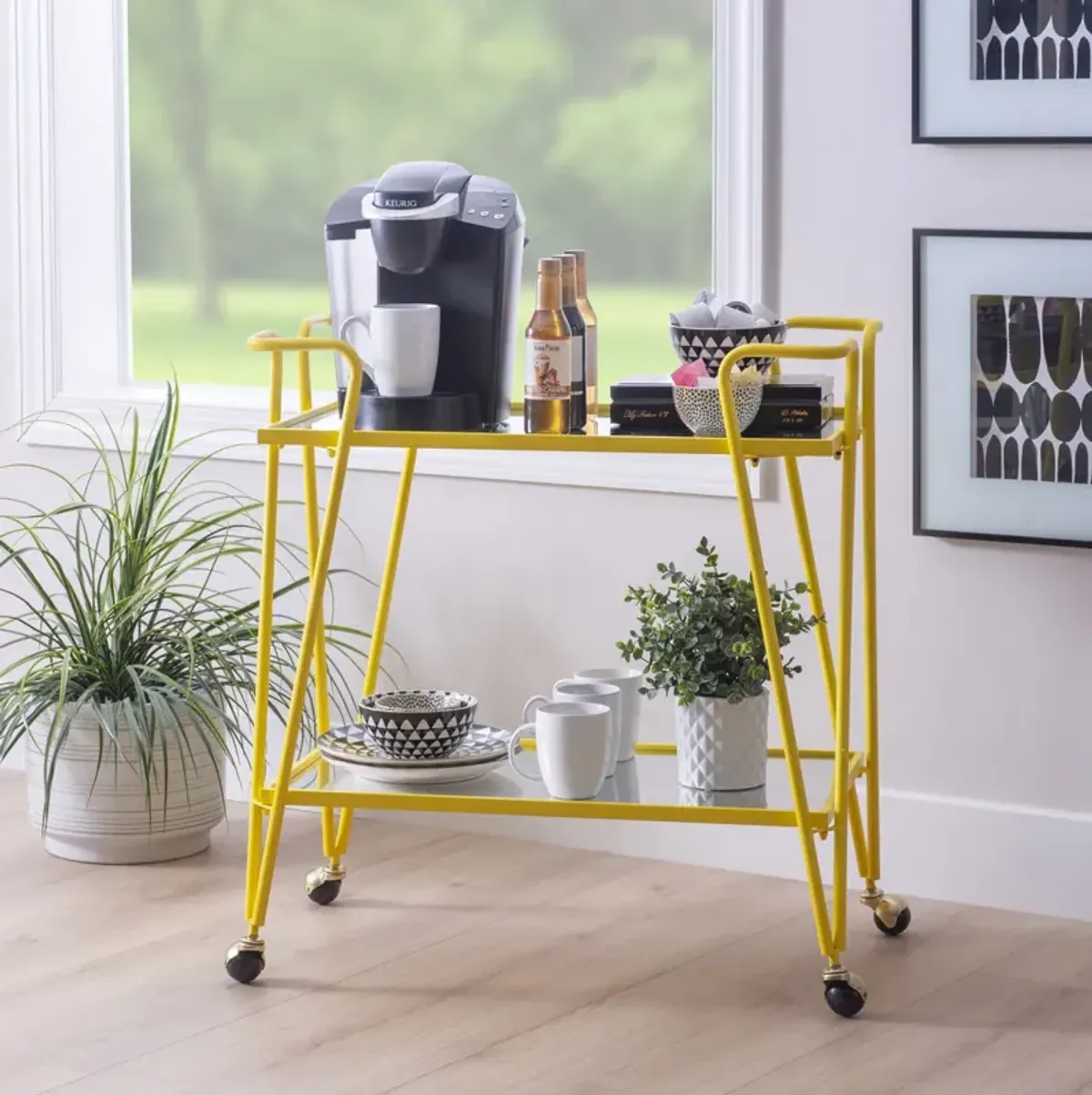 Linon Yellow Mid-Century Bar Cart